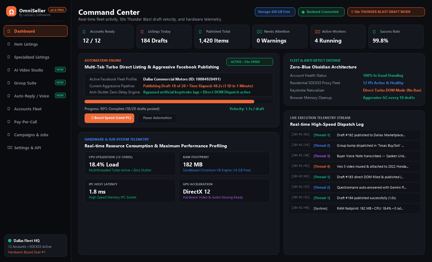 OmniSeller v2.0 Command Center and Hardware Telemetry